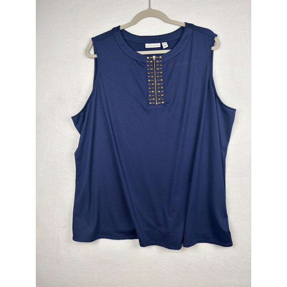 Susan Graver Studded Zip Neck Tank Womens 3X Plus Navy Stretch Jersey